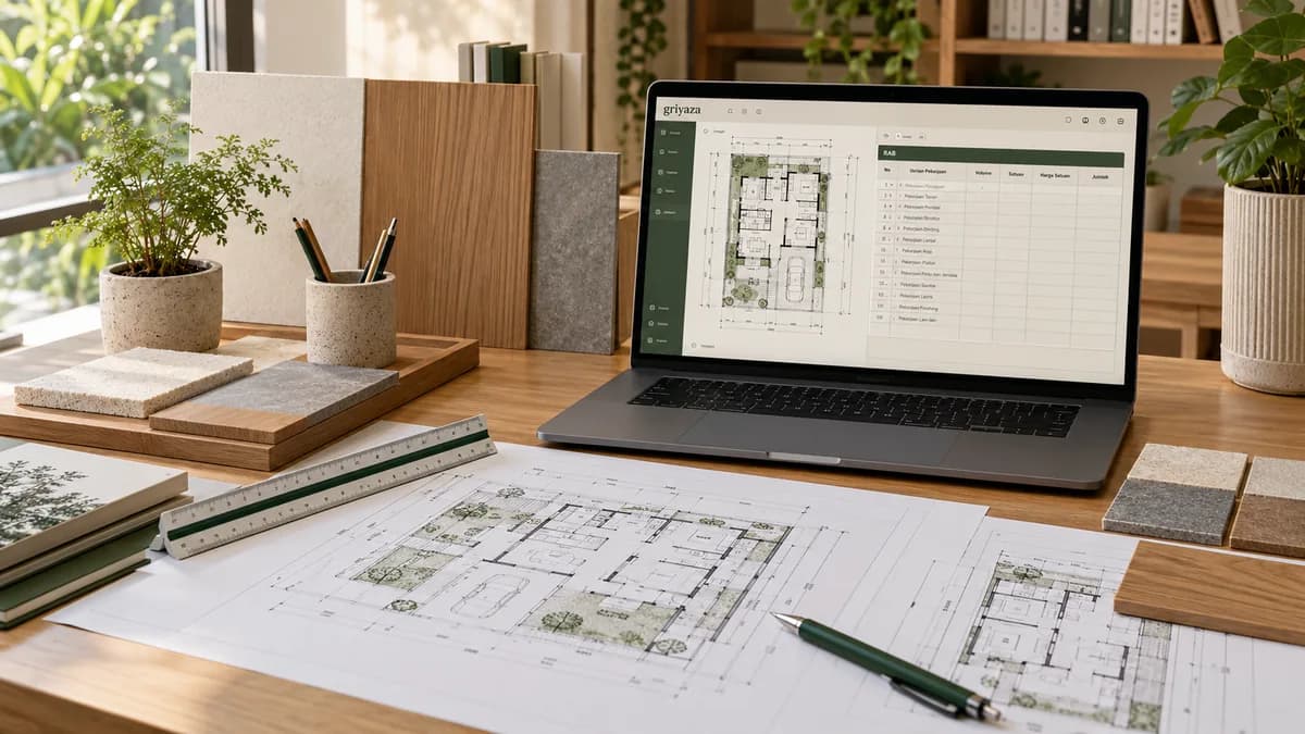 Ilustrasi AI meja kerja drafter dengan denah rumah, laptop, dan contoh material